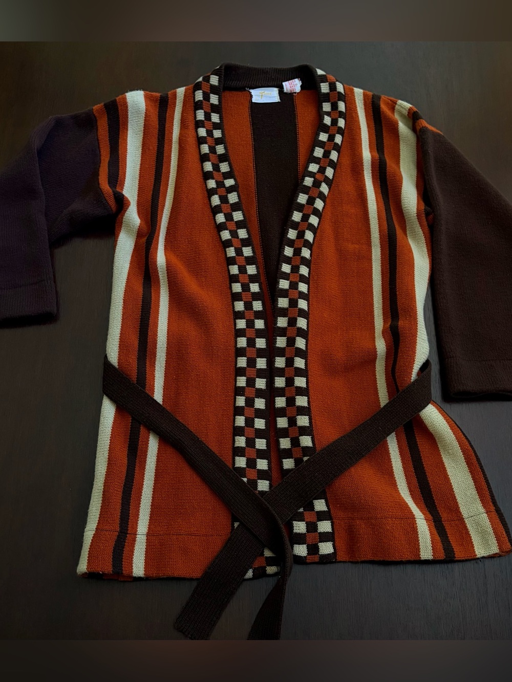 Vintage Belted Striped Knit Cape Jacket in Rust and Chocolate